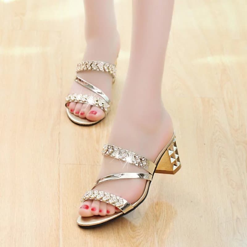 New Summer Mid-Heel Chunky Heel Women's Open-Toe Rhinestone Sandals