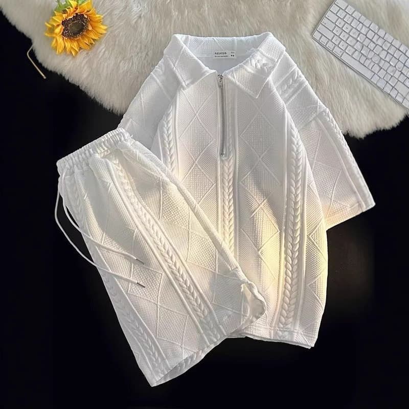 Waffle Knit Polo Shirt Short Sleeve T-Shirt and Shorts Set Summer Streetwear Loose Fit Top and Pants Outfit for Men