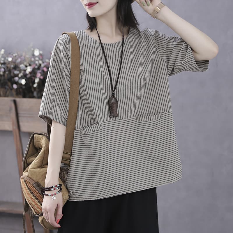 Vintage Half-Sleeve Base Tee for Women Summer Thin Top Stylish Loose Striped 5/8 Sleeve T-Shirt