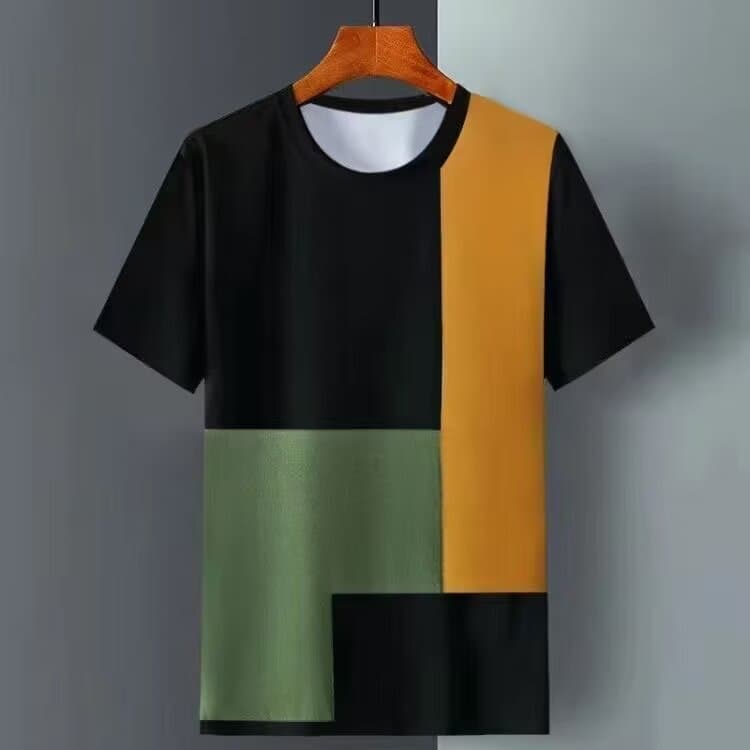 Summer New Ice Silk Short Sleeve T-Shirt Men's Trendy Plaid Half Sleeve Top Men's Clothing Pure Black T-Shirt Pattern