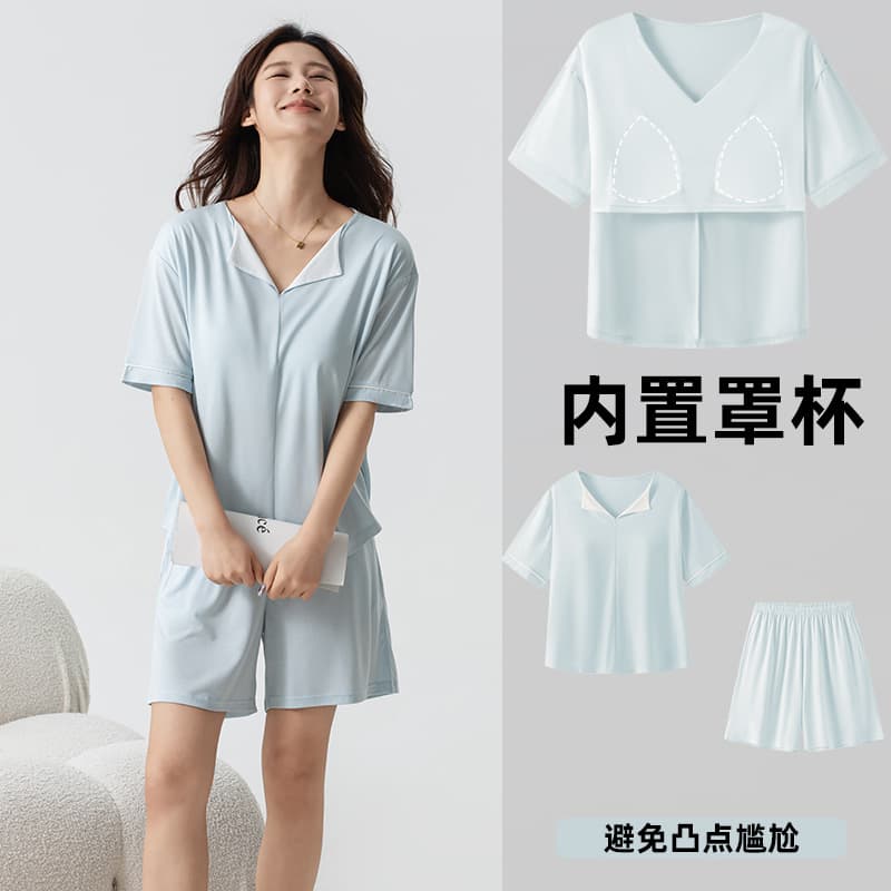 Cooling V-Neck Thin Sleepwear with Built-in Pads, Wearable Out, Short Sleeve and Shorts Home Suit, Summer Ice Silk Pajamas