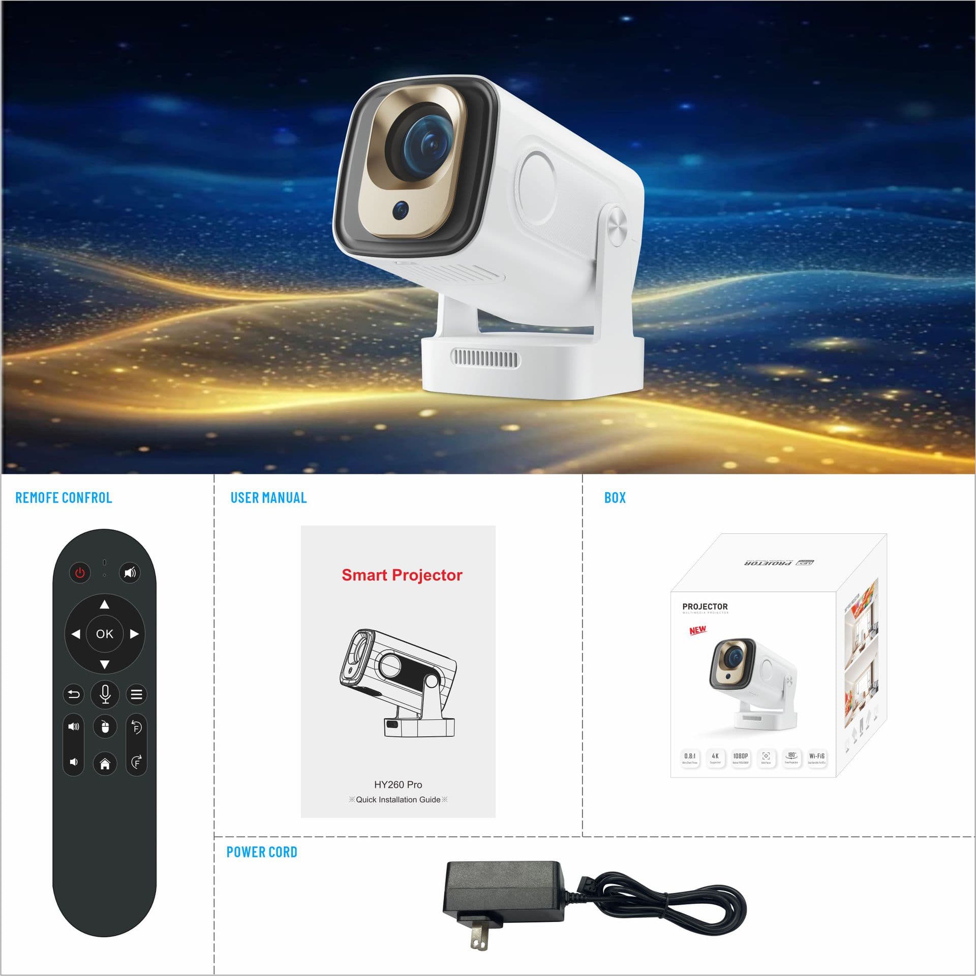 Cross-border hot model HY260PRO projector H726 Android 14 smart high-definition 4K automatic focusing barrel projector
