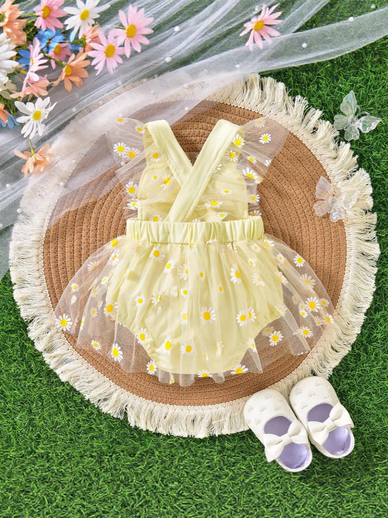 Baby Girl Party Dress Cute Strapless Three-Flower Mesh Bodysuit Dress