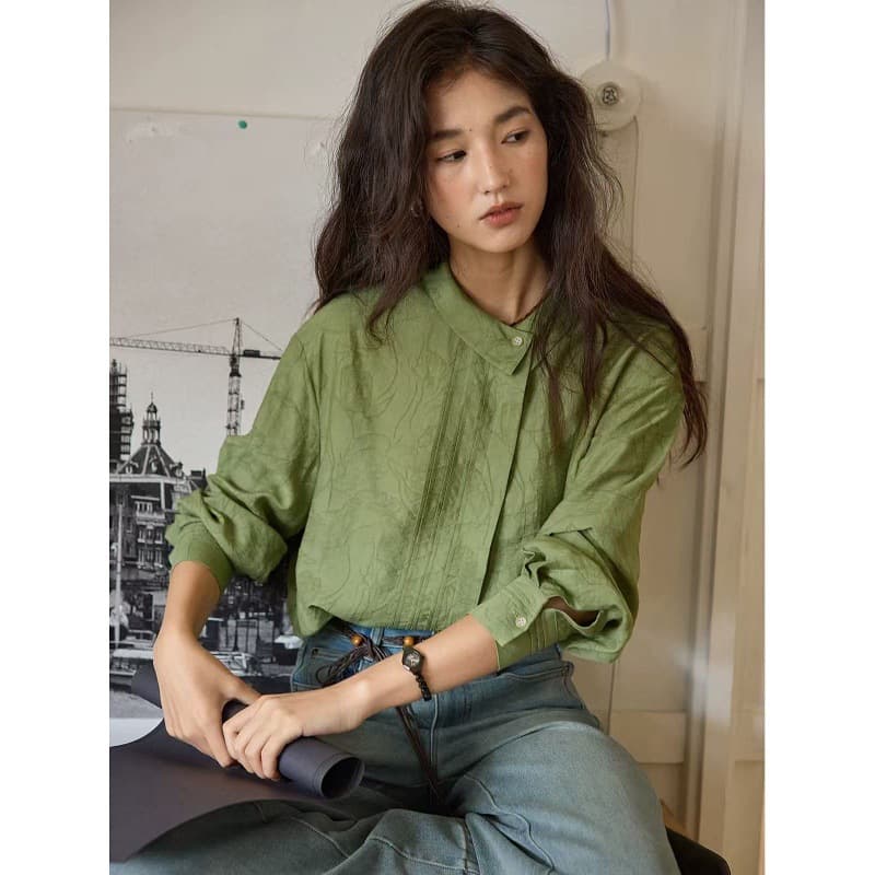 Solighter French Linen Asymmetrical Collar Jacquard Shirt for Women, Spring 2026 New Style, Long Sleeve Top