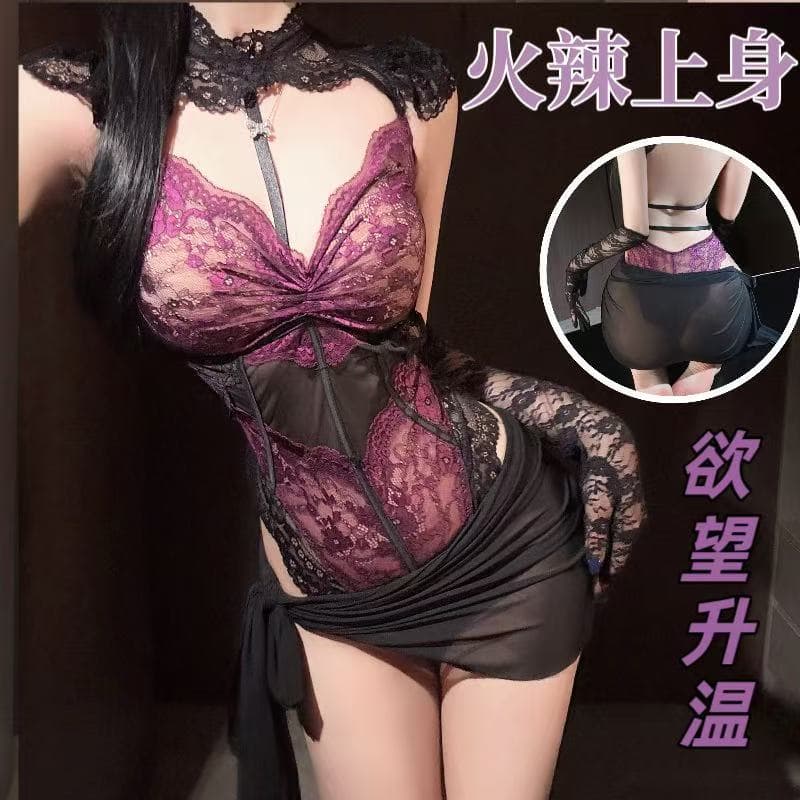 Pretty Purple Lace One-Piece Sexy Lingerie, Sexy See-Through Mesh Nightgown, Uniform Temptation, No-Take-Off Pajamas, Women's Uniform