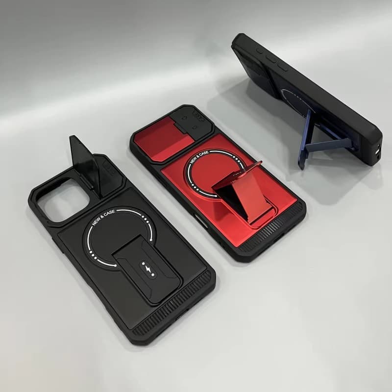 For iPhone 17 Pro Max Mecha-Style Magnetic Bracket Phone Case, Apple 16 Flip Cover Lens Protector