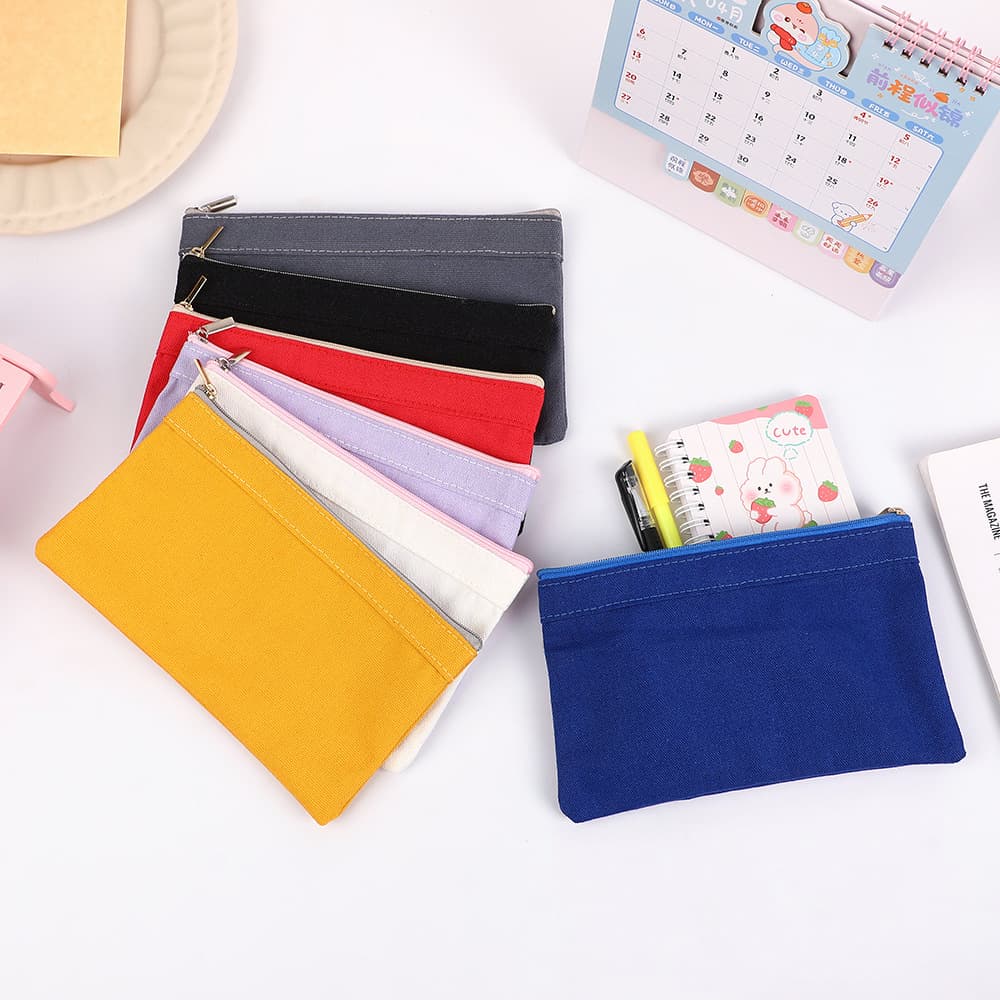 Simple Solid Canvas Pencil Case Large Capacity Stationery Bag Portable Desk Organizer Pencil Pouch for Students with Zipper