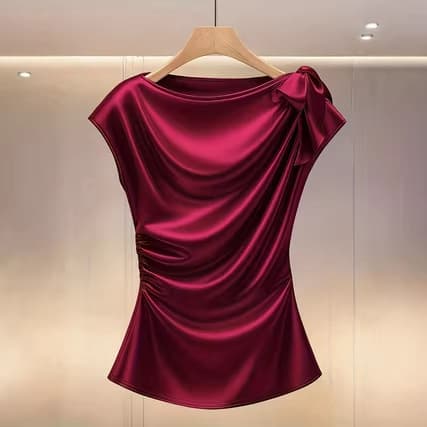 French Satin Fabric Blouse for Women Summer New Style Chic Wrinkle Waist-Tie Versatile Top