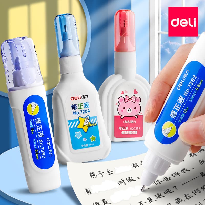 Deli correction fluid, student-grade, large-capacity, quick-drying, non-toxic, for eliminating misspellings in ballpoint pens and fountain pens.