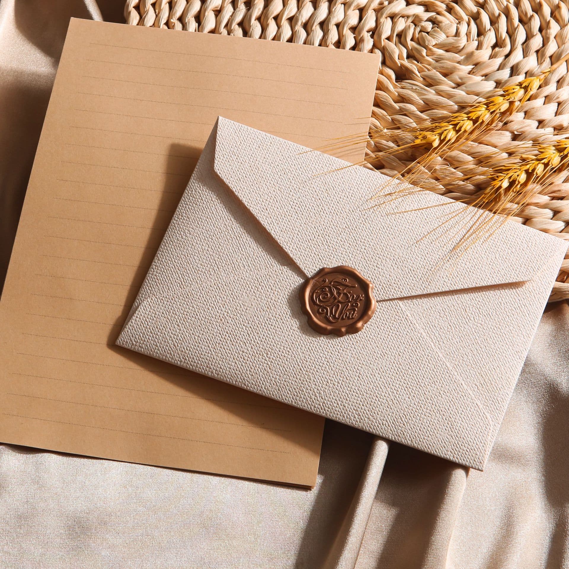 Linen Texture Envelope and Letter Paper Set, Vintage Style Kraft Specialty Paper Invitation Postcard Wax Seal Envelope and Stationery