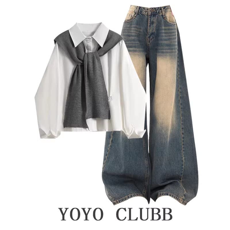 Spring Outfit Set 2026 New Korean Style Blouse Top for Women with Shawl Slimming Jeans Three-Piece Set