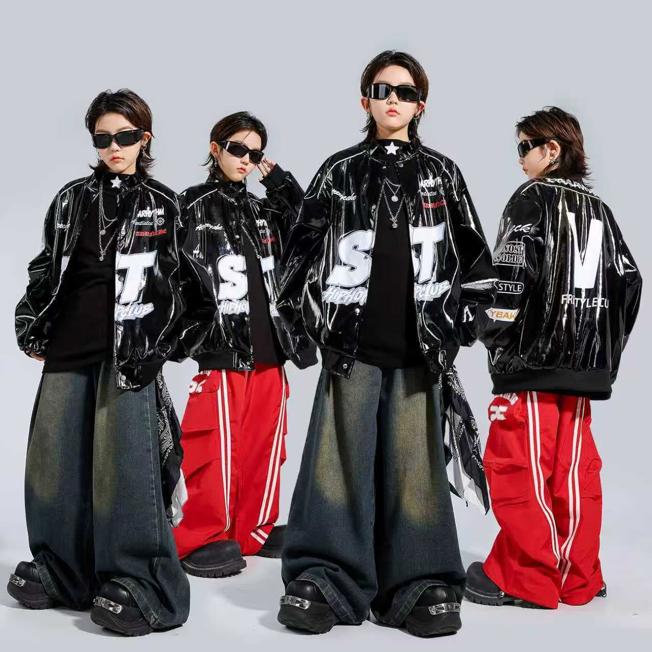 Hip Hop Kids Streetwear Motorcycle Style Cool Leather Jacket Set for Boys and Girls, Hip Hop Dance Performance Costume