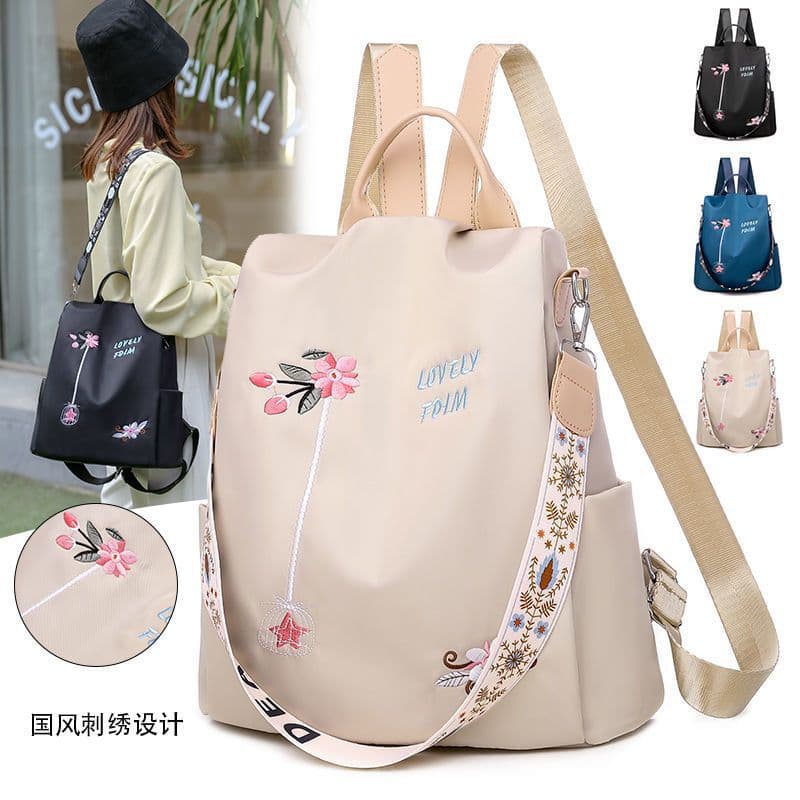 Chinese-Style Embroidered Backpack for Women New Water-Repellent Oxford Cloth Backpack Fashion Casual Travel Bag Lightweight Large Capacity