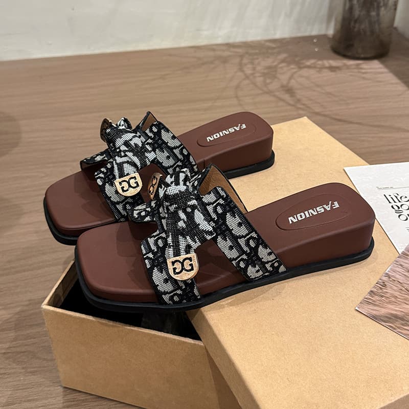 French Chic Wedge Thick Sole Slippers Women Summer Fashion Letter Bow Square Toe Sandals