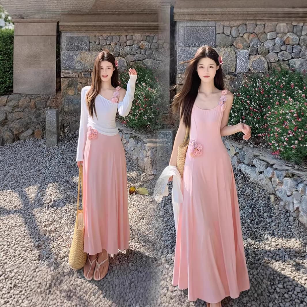 Plus Size Women's Summer New Gentle Korean Style Set with Waist-Cinching 3D Floral Dress Two-Piece Set