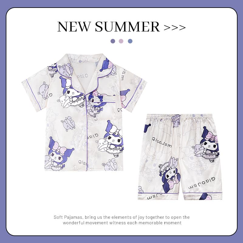 Children's summer short-sleeved imitation ice silk pajamas for girls, medium and large children, sweet and cute thin little girl home clothes set
