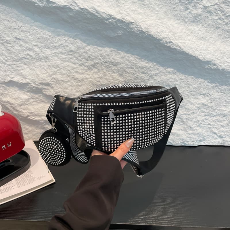 Trendy Sparkly Mini Bag for Women, New Fashion Versatile Chest Bag, Popular Textured Single Shoulder Crossbody Bag with Rhinestones