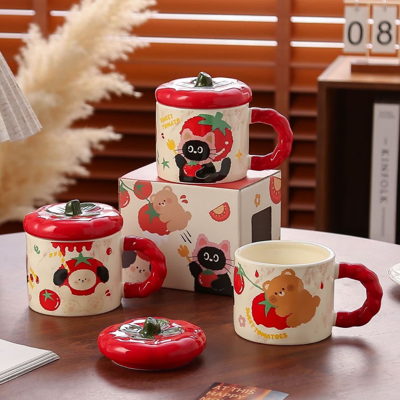 Cute Tomato Mug with Lid Ceramic Cup Home Special Beautiful Drinking Cup Breakfast Coffee Cup