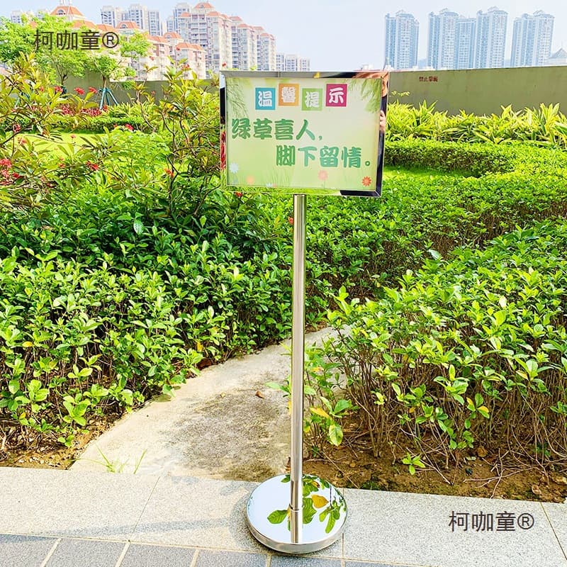 Stainless steel standing signs, display boards, water-resistant placards, vertical indicators, 3-tier display stands, outdoor directional signs, 4-tier warehouse labels by Metabo.
