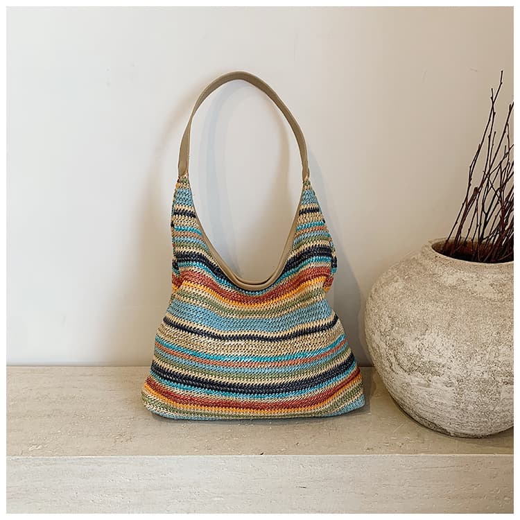 Women's Summer Tote Bag, Versatile Large Capacity Commuter Bag, Underarm Straw Bag, Casual Contrast Stripe Shoulder Bag
