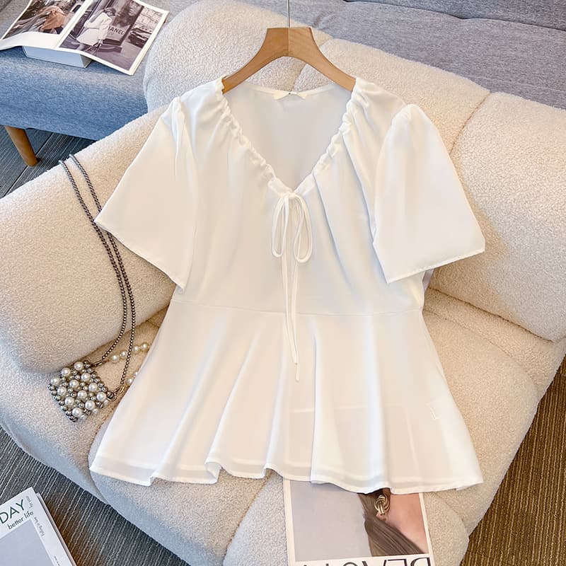 65-150kg Plus Size Women's Clothing for Fat Girls, V-Neck Short-Sleeved Shirt, Summer Thin Style, Waist-Cinching Babydoll Shirt, Puffy Top