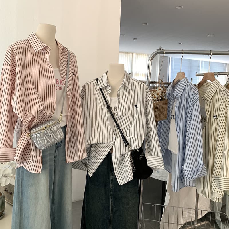 Oumalai Embroidered Letter Stripe Lapel Long-Sleeve Mid-Length Shirt + Letter Vest Two-Piece Top 2204