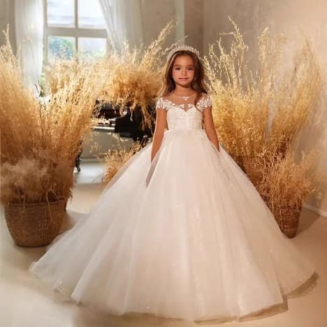 European and American Cross-Border Children's Formal Dress White Birthday Party Host Runway Piano Performance Princess Dress Overseas Stock