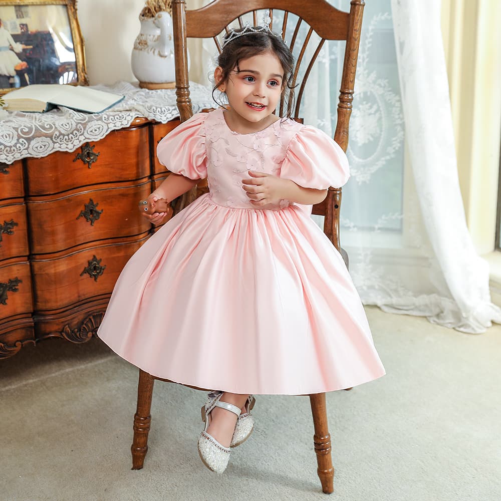 Girls Christening Gown Children's Satin Bubble Sleeve Dress Big Butterfly Flower Princess Skirt Wedding Party Dress