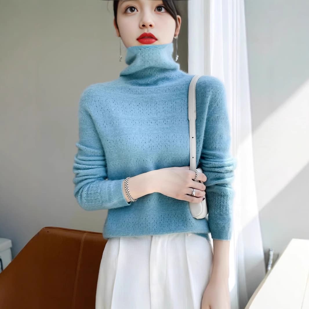 One-Piece 100% Wool Sweater for Women, New Fall/Winter Hollow Stacked Collar Slim Fit Knit Top Base Layer