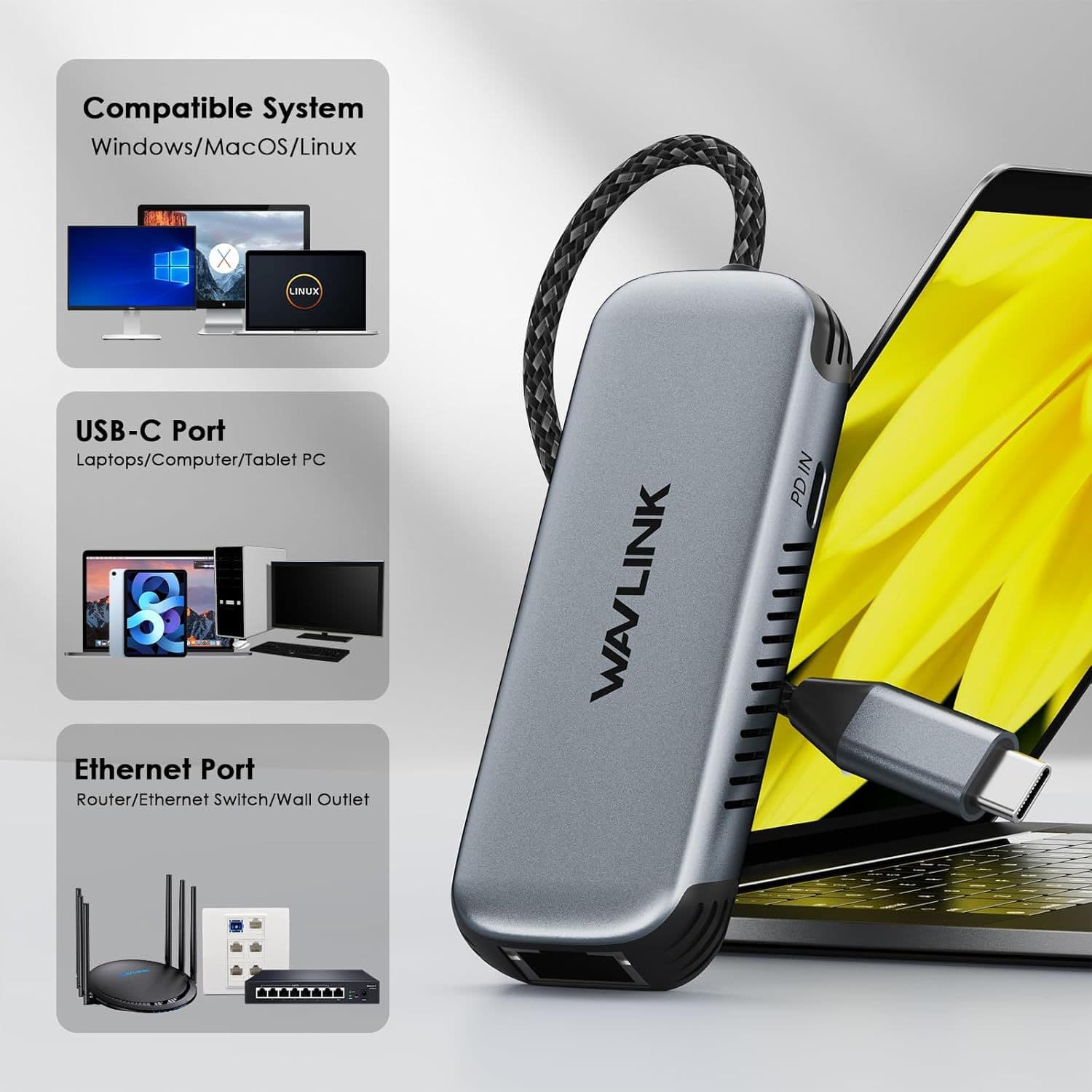 WAVLINK USB-C to RJ45 Network Adapter 5000Mbps with 95W Charging Port Aluminum Shell
