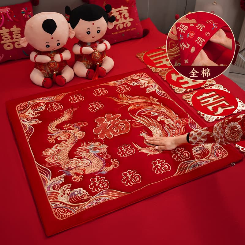 100% Cotton Blessing Quilt for Wedding, Embroidered Auspicious Quilt, Bride's Dowry Item, Bride-Exclusive Bed-Pressing Hundred Blessings Quilt, Wedding Room Decoration