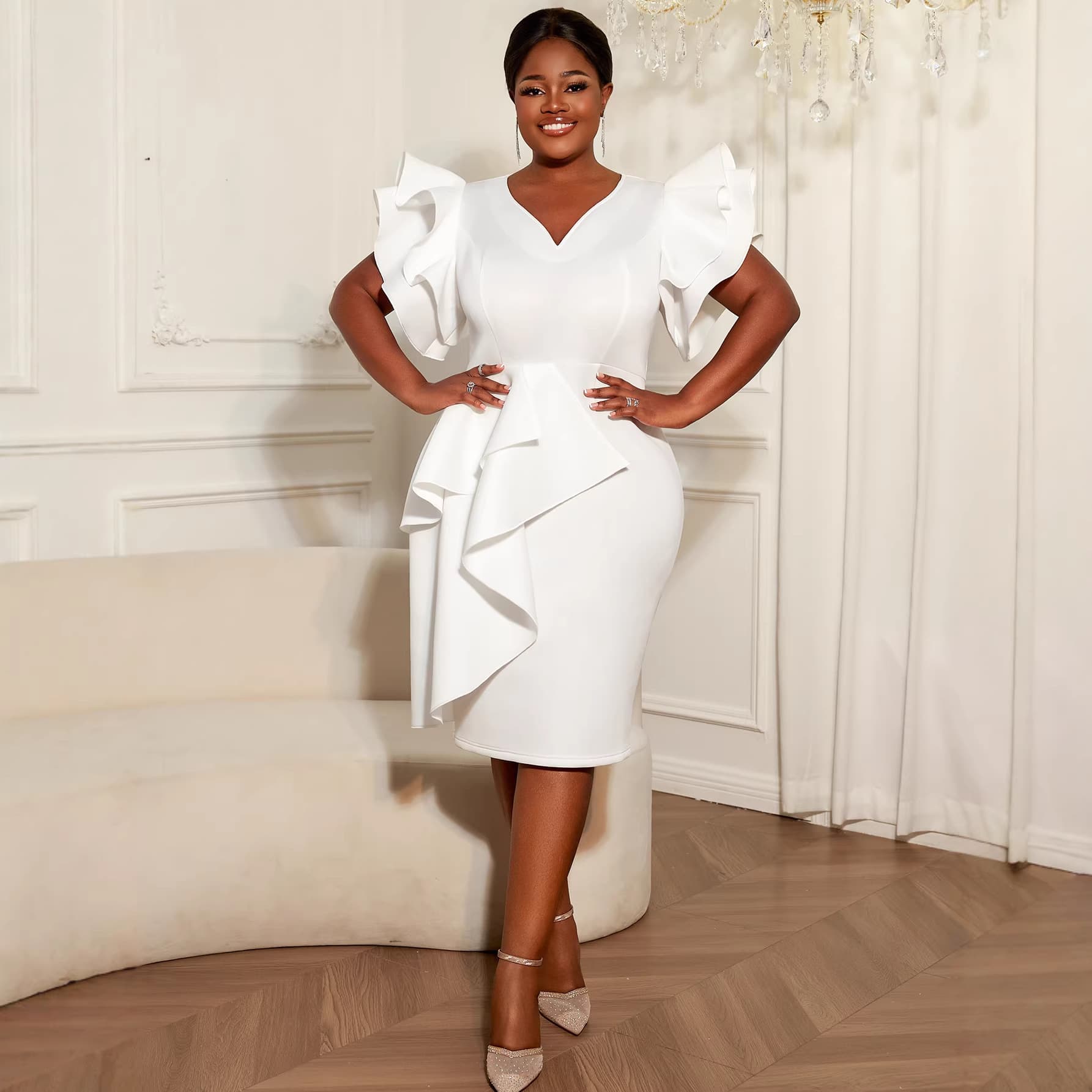 Plus Size Women's White V-Neck Dress Ruffled Sleeves Wrap Up the Waist and Cover the Hips Elegant Dress Dresses