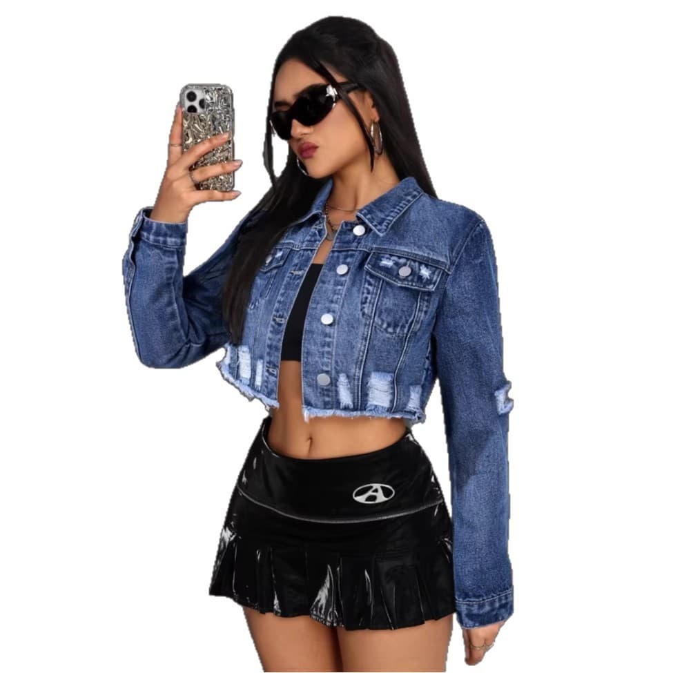 Cross-border popular European and American women's denim jacket, trendy brand high street ripped short slim fit top Y1Y2