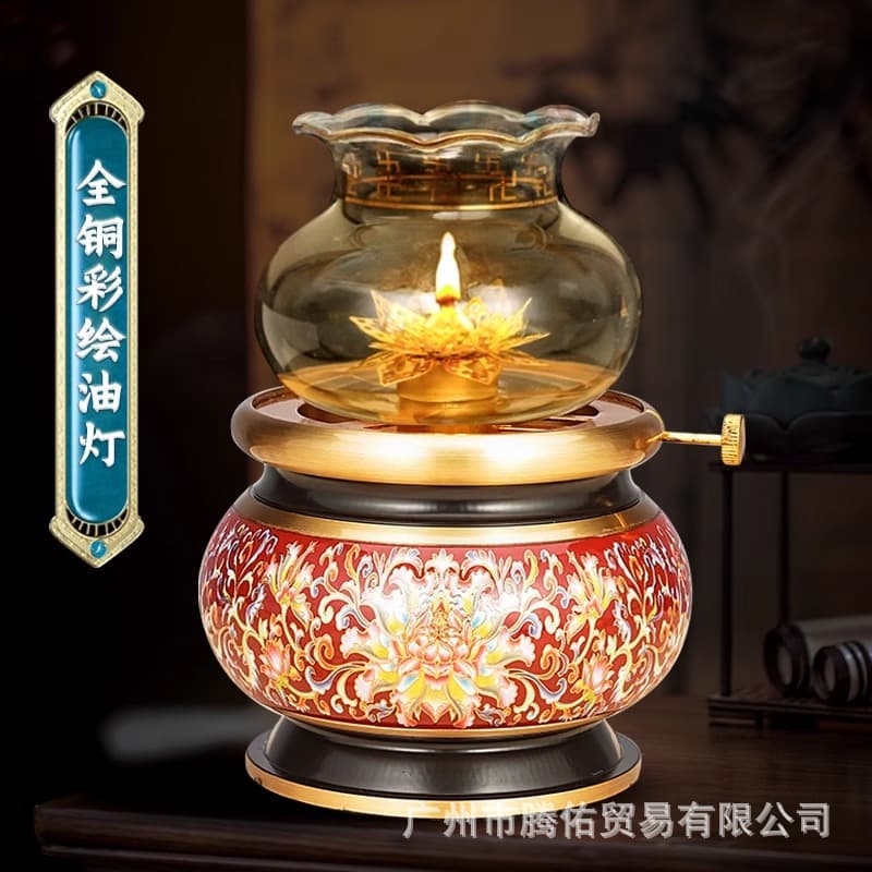 Butter Lamp Pure Copper Household Buddha Lamp Cloisonne Buddha Hall Lights Oil Lamp Windproof Buddha Lights
