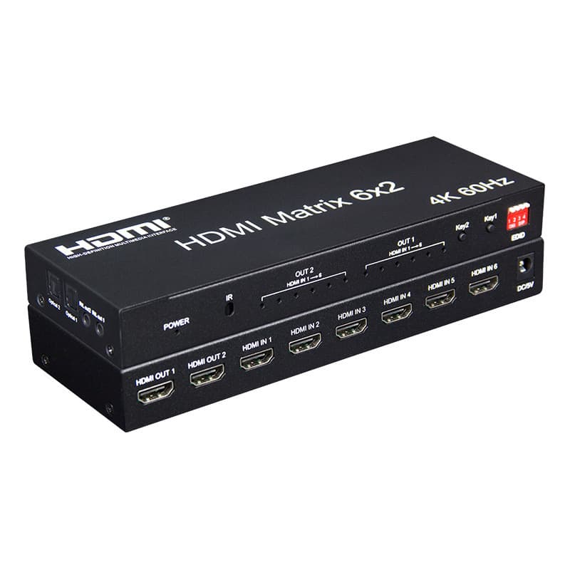 4K 60Hz 6-in-2-out HD network matrix, dual 3.5mm audio jacks, with 6*2 optical fiber jacks.