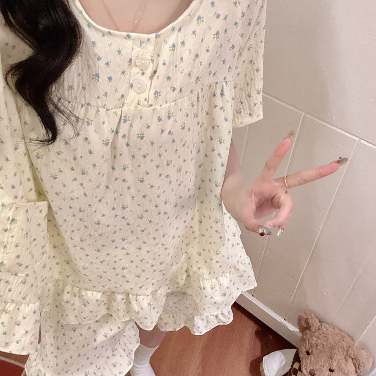 Korean Ins Sweet White Small Floral Cloud Cotton Pajama Set for Women, Summer Short Sleeve Shorts, Polka Dot Homewear Set