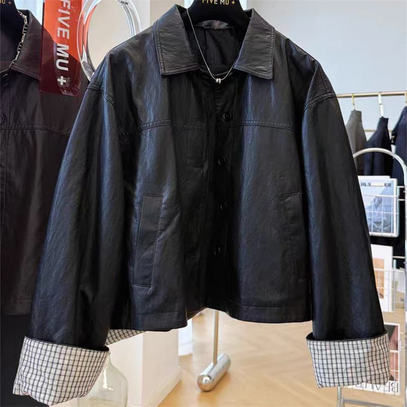 Factory Source 2026 Spring Women's PU Leather Jacket Commuter Style Loose Contrast Color Patchwork Long Sleeve Coat