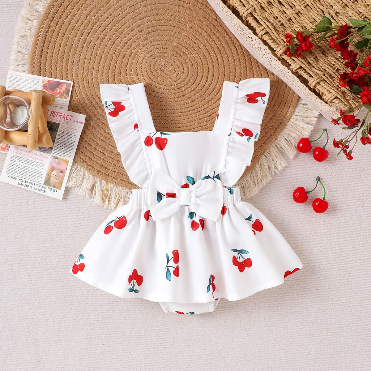Baby Girls Clothes 0-18M Summer Sleeveless Cherry Print Bodysuit Dress In Stock