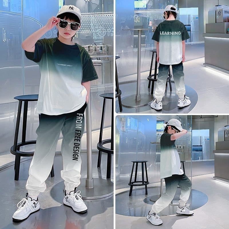 Kids Summer Clothes Hot Weather Mid-Large Boys Sports Quick-Dry Two-Piece Set Short Sleeve Stylish Outfit