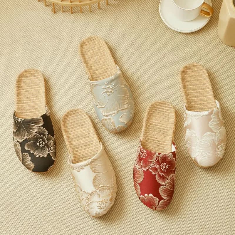 New Summer Chinese Style Printed Closed-Toe Linen Slippers for Women, Home Indoor Anti-Slip Soft Sole Cotton Linen Sandals