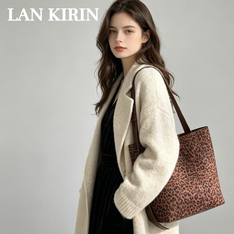 Korean INS Niche Suede Vintage Leopard Print Bucket Bag Versatile Shoulder Crossbody Women's Tote Bag with Detachable Pouch