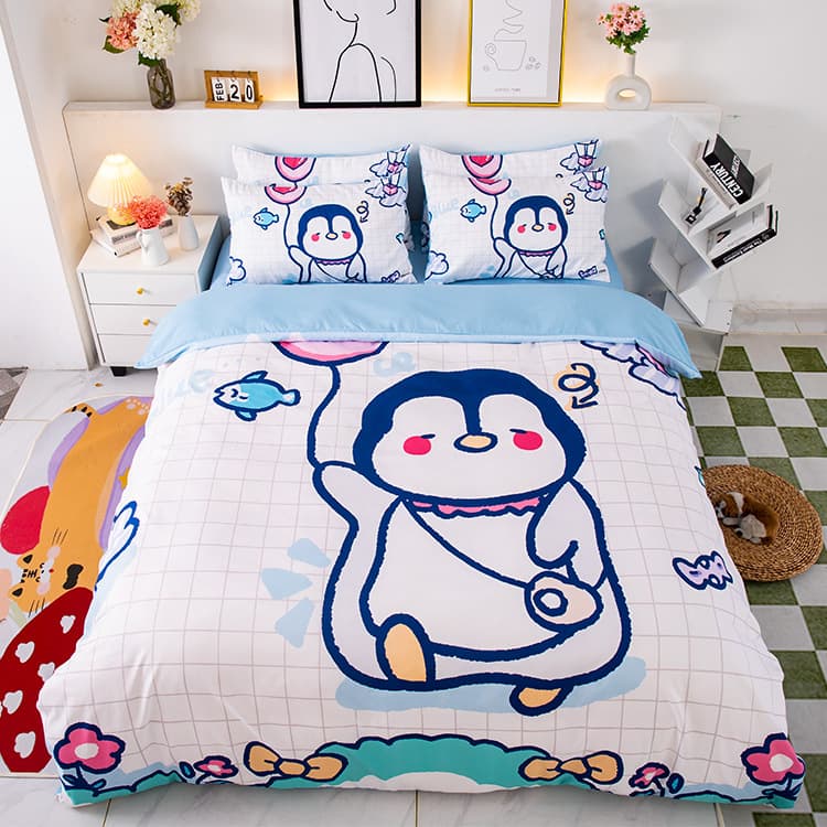 Little Penguin Illustration Cartoon Kids Duvet Cover Dorm Brushed Sheet 1.5m Double Size Student Single Washable Bed Sheet
