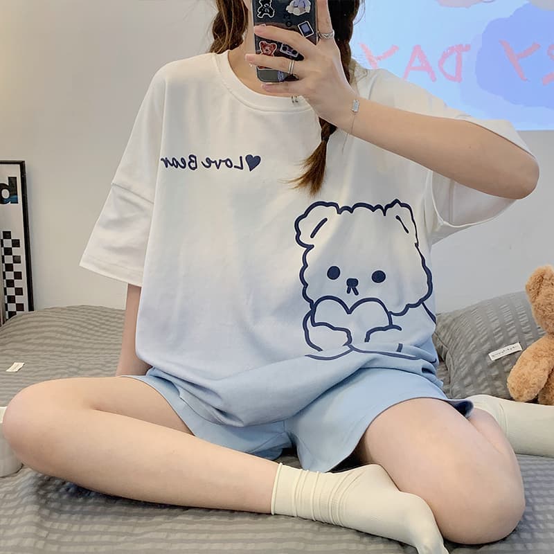 Foreign Trade Extra-Large Pajamas Women's Summer Cartoon Cute Short-Sleeved Shorts Set Student Soft Summer Home Clothes