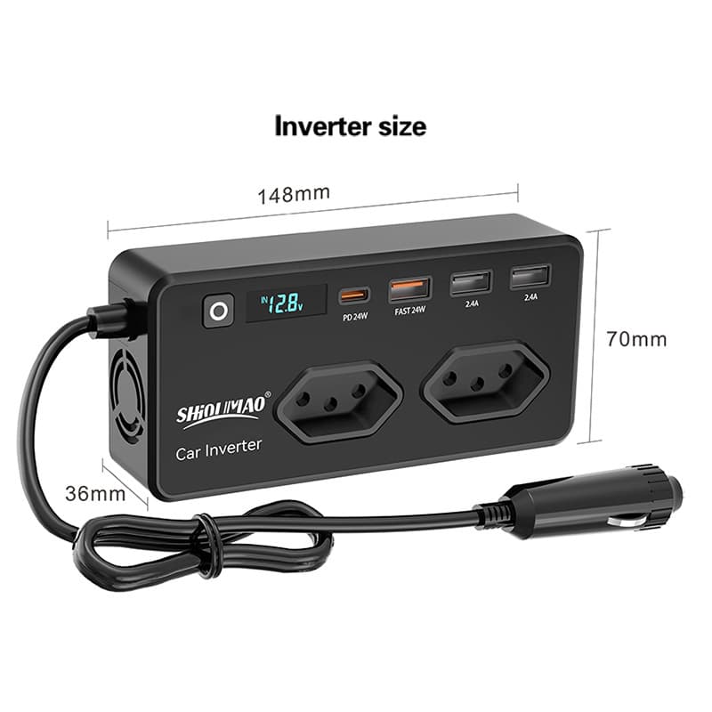 Cross-border Best Seller Brazil Power Strip Socket Display 12V Car Inverter 350W Vehicle Inverter with USB-C Fast Charging