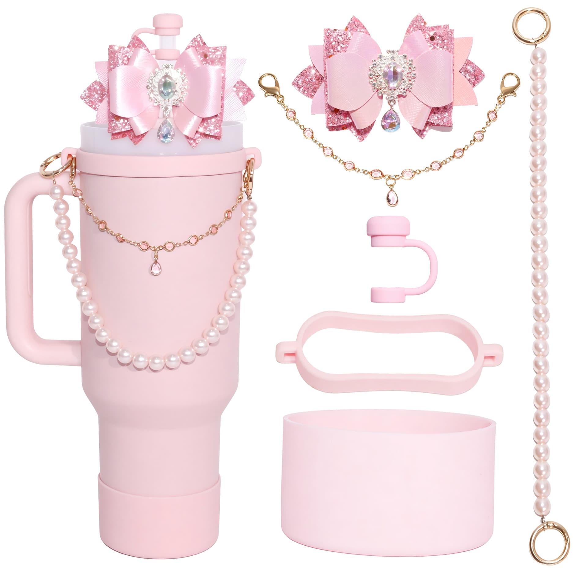 Stanley Accessories 6-Piece Set Glitter Bow Set Gem Mini Necklace Food-Grade Silicone Anti-Spill Stopper