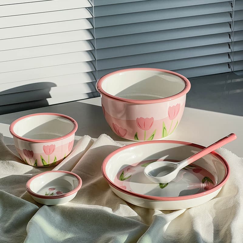 Pink tulip ceramic tableware set ins style dishes household bowls and dishes set particularly beautiful small bowl