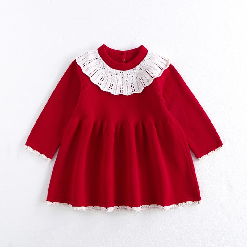 Newborn Knit Dress for Girls, Red Princess Dress for 100-Day Celebration and First Birthday Party