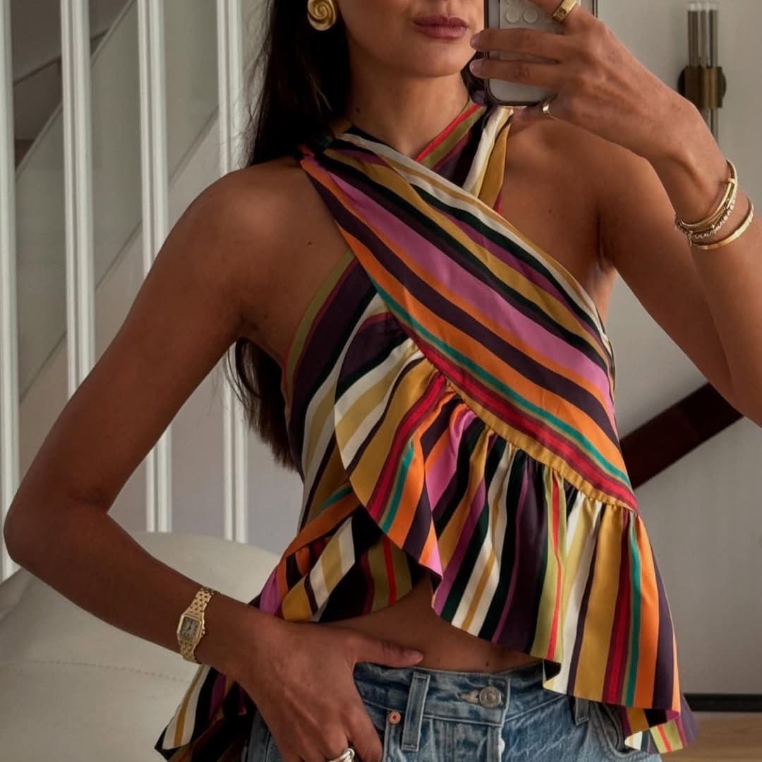 Cross-border Trade 2026 Summer European and American Women's Fashion Chic Pure Style Striped Ruffle Cross Halter Top