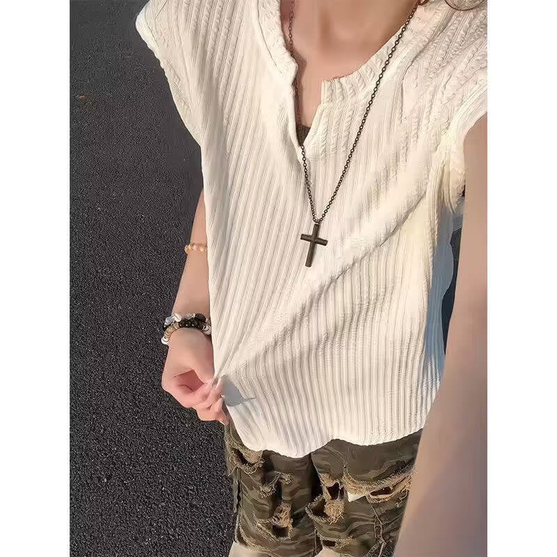 White pleated textured collar vest for men in summer American retro heavyweight small neckline shirt trendy brand waistcoat undershirt