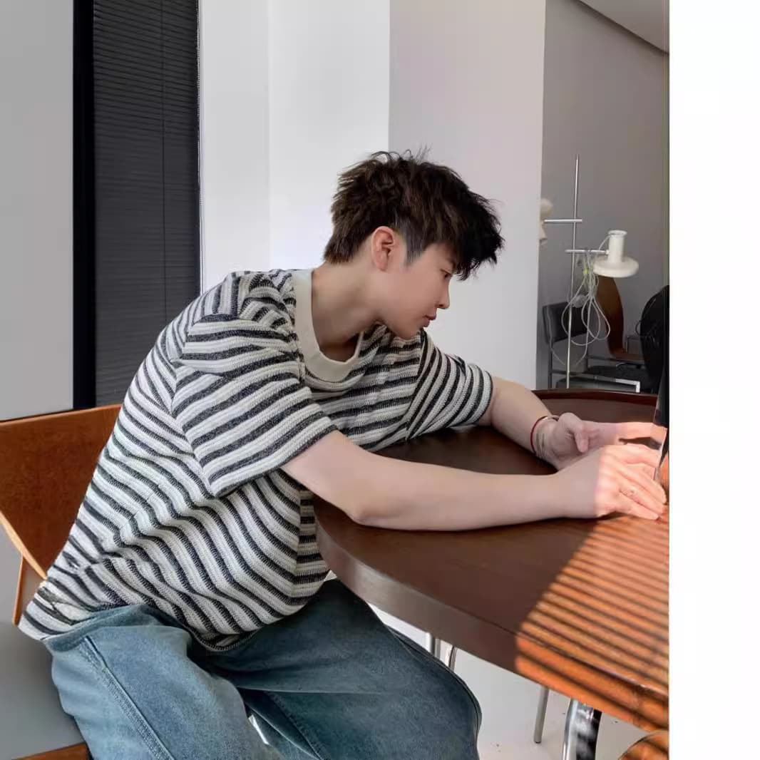 Striped T-Shirt Men's 2025 New Trendy Brand Color-Blocked Half-Sleeved T-Shirt Summer Pure Cotton Short-Sleeved Versatile Round Neck Top
